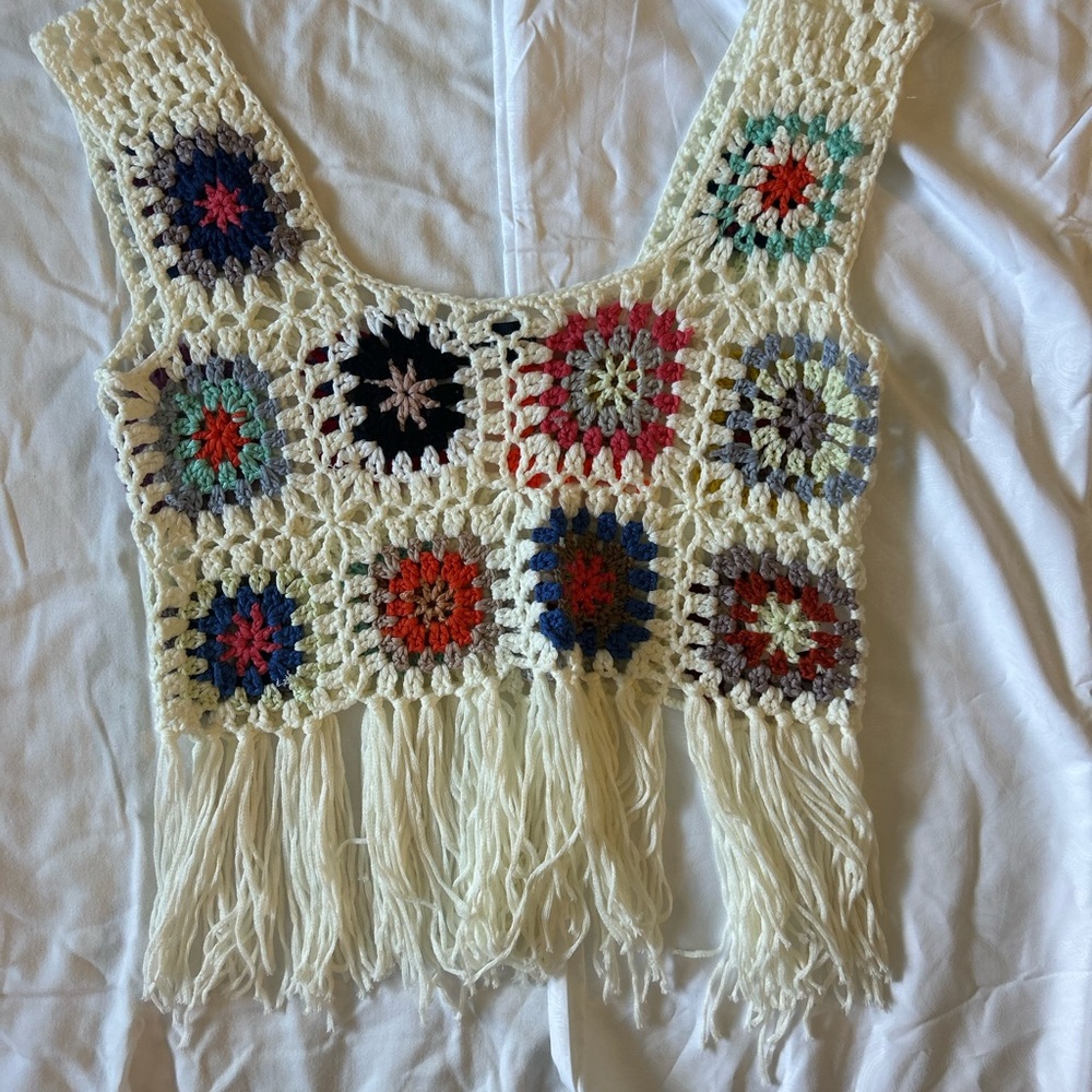 Colorful Crochet Patchwork Fringe Crop Top